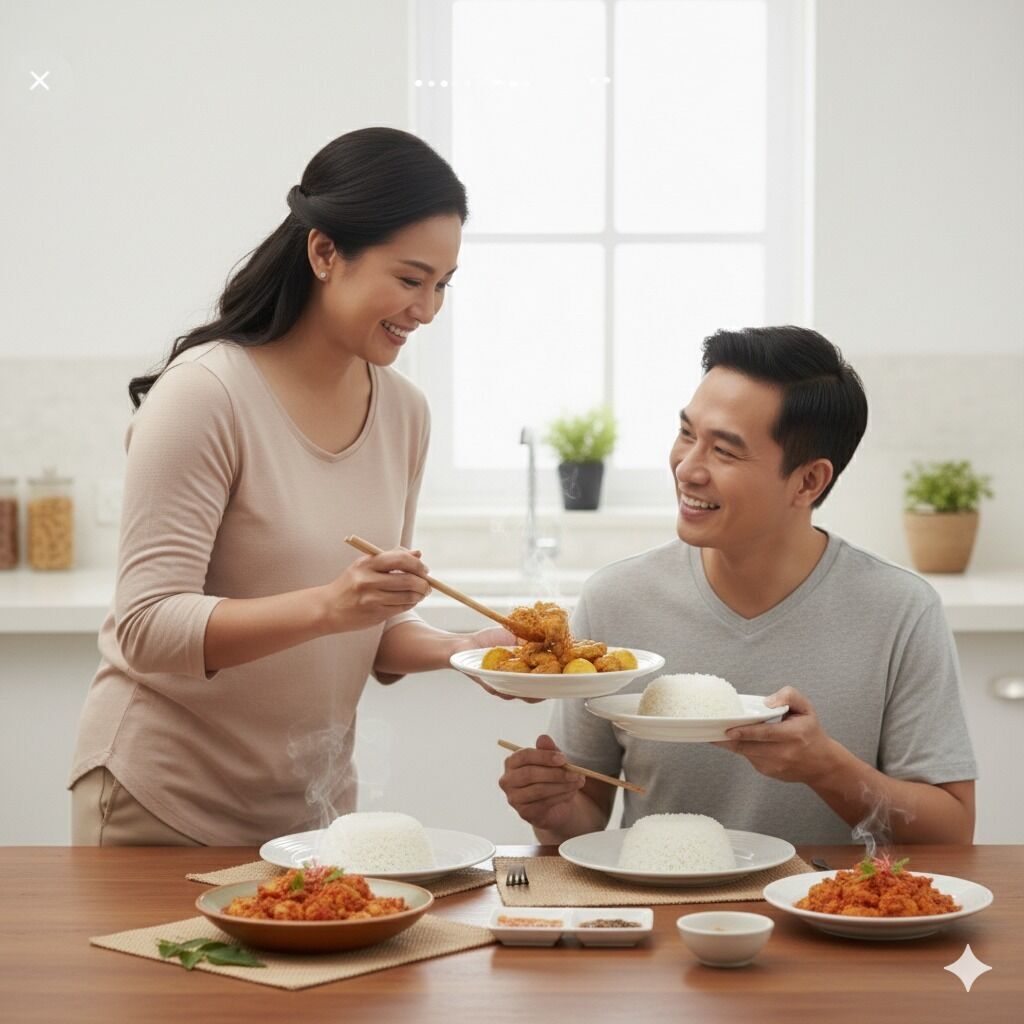 Couple enjoying Indonesian ready-to-eat meal from FrezCup