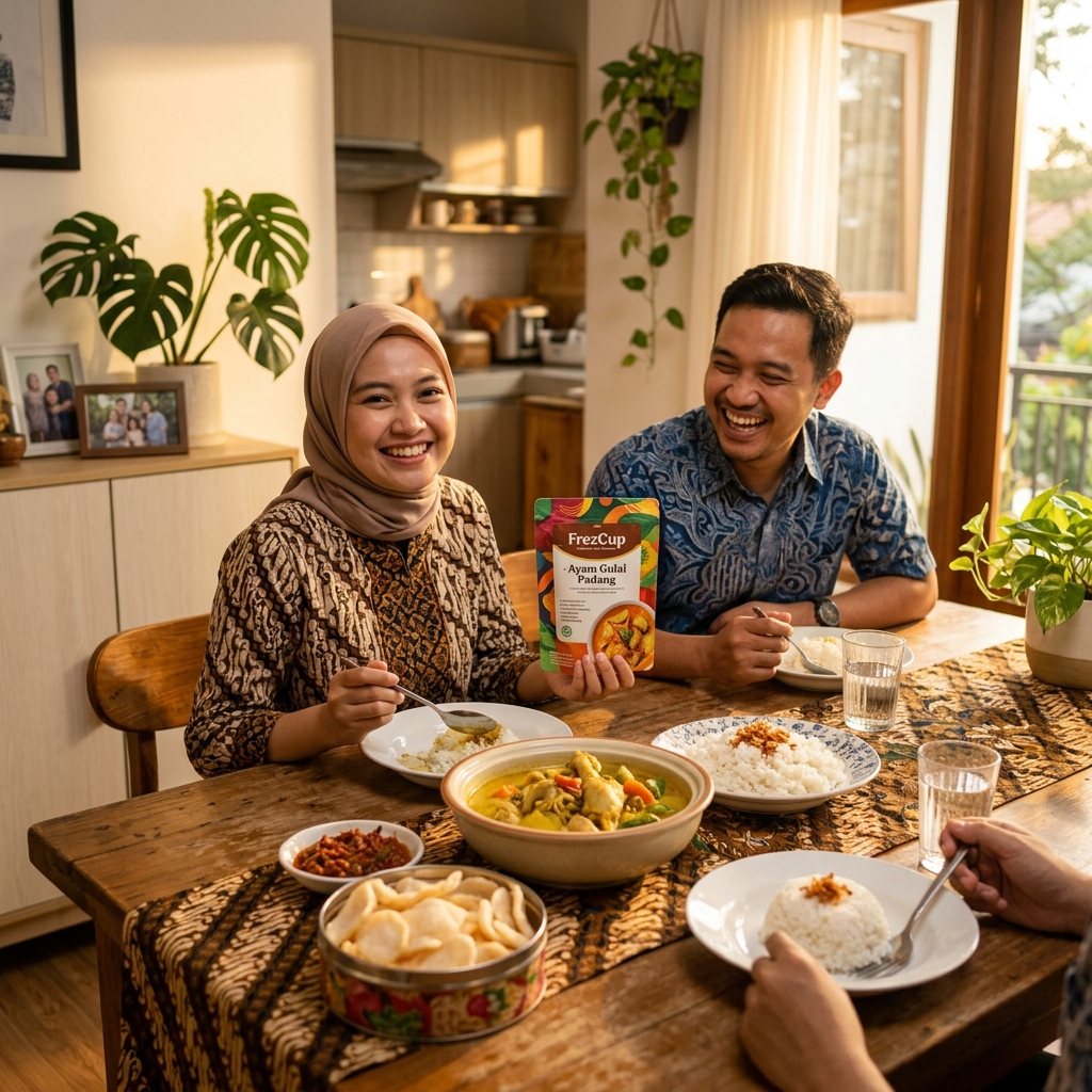 Indonesian family enjoying FrezCup meal at home