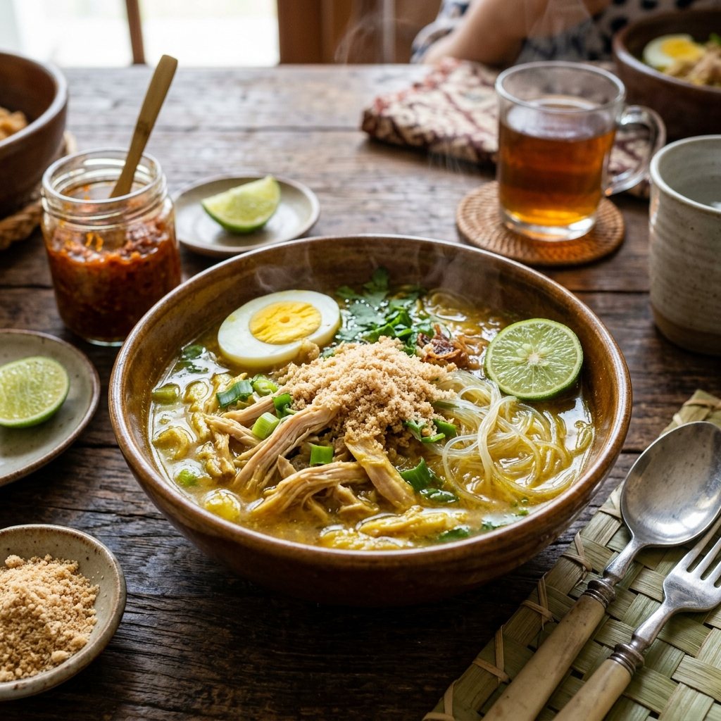 FrezCup Soto Ayam Lamongan — Indonesian chicken turmeric soup served in a bowl